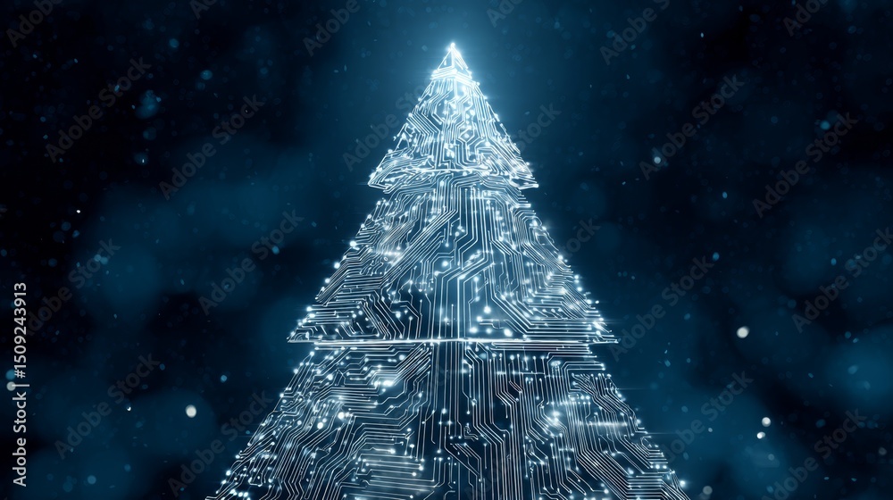 Poster intricate network circuitry pattern forming a tree shape, digital technology abstract background, fu