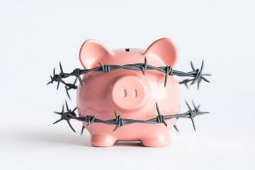 Pink piggy bank surrounded by barbed wire on a white background. Represents the protection of savings and financial security.