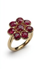 Close-up of a luxurious gold ring featuring a cluster of vibrant red ruby gemstones, showcasing elegant jewelry design and craftsmanship for luxury and fashion.