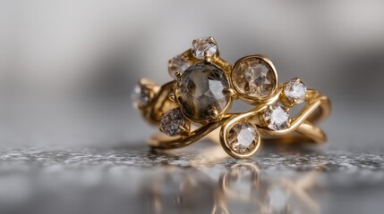 Elegant Gold Ring with Diamond Accents on Grey Stone Background - Luxury Jewelry Close-Up for Fashion and Design