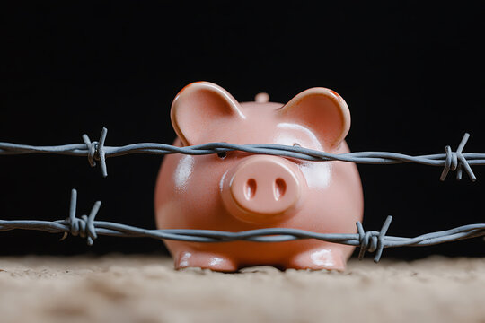 Savings under pressure: Piggy bank caught behind barbed wire, symbolizing financial risk. Invest wisely, avoid pitfalls!