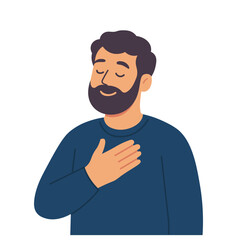 Calm man flat vector illustration. A man's hand keeping on his heart illustration