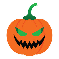 Spooky halloween pumpkin illustration with glowing green eyes and a frightening grin