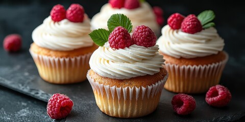 Delicious raspberry topped cupcakes with creamy frosting displayed on a dark surface