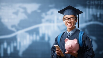 Graduate Student Holding Piggy Bank and Smartphone, Representing Financial Planning and Future Investments for Education.