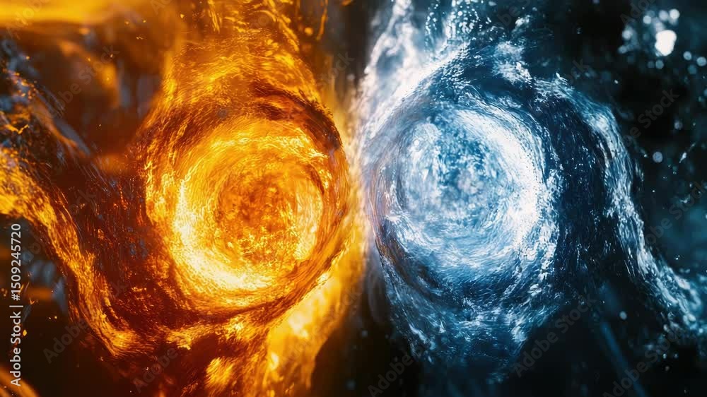 Poster spiral patterns made of flames and waves on a dark surface