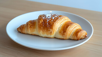 Buttery Croissant on White Plate Wooden Table