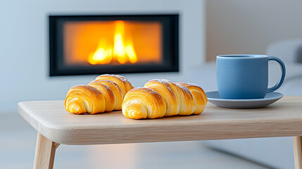 Two Golden Pastries and Blue Coffee Cup near Fireplace