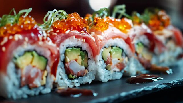 Sushi roll plated with roe and sauce, close-up view, elegant food.