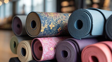 Stacked rolls of patterned fabric showcasing textile design and material samples for fashion, craft, or interior decoration projects.