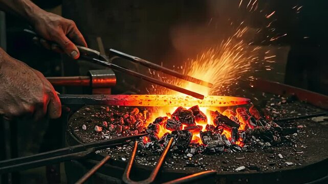 Hands forge red-hot metal with sparks in a workshop