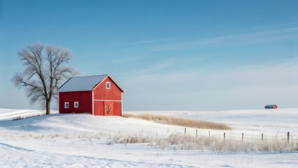 Vibrant Red Barn and Bare Tree Stand Out Against a Snowy Landscape Under a Clear Blue Winter Sky in Rural America