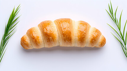 Golden Brown Croissant on White Background with Green Herbs