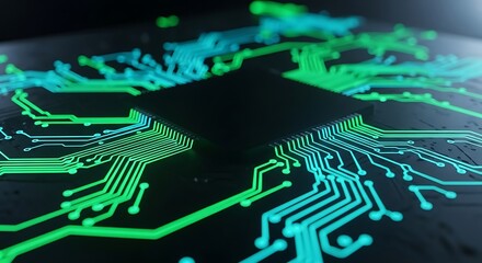 Circuit board design featuring glowing blue and green patterns at night
