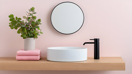 Modern Minimalist Bathroom Design with White Vessel Sink and Black Faucet