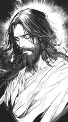 Obraz premium Portrait of Jesus Christ in black and white anime style
