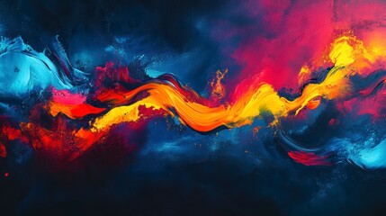 Obraz premium Abstract vibrant painting with swirling blue, red, and yellow hues.