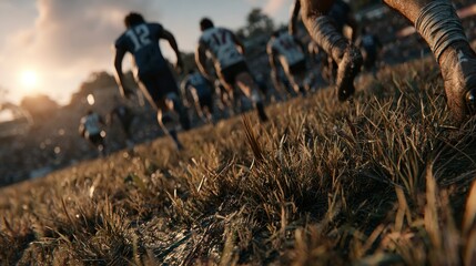 Rugby Players Running on Grass Field at Sunset