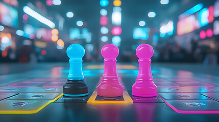 Three Neon Chess Pieces on a Board Game in a City at Night