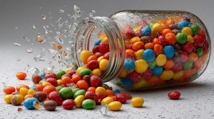 A shattered Halloween candy jar with colorful candy explosion on a white surface, festive treat concept, ultra-detailed