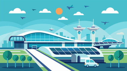 A futuristic airport is adorned with solar panelcovered roofs providing enough clean energy to power the fleet of air taxis waiting to take flight.. Vector illustration