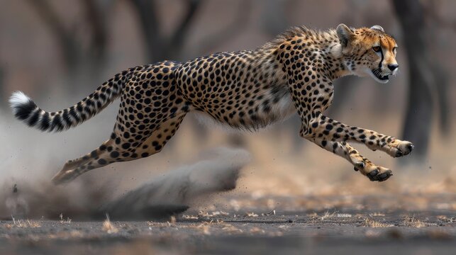Cheetah sprinting gracefully across the vast grasslands in pursuit of its next meal or prey