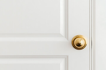 Close-up of a white paneled door with a shiny brass doorknob in a modern, minimalist design for a clean, elegant, and inviting interior aesthetic.