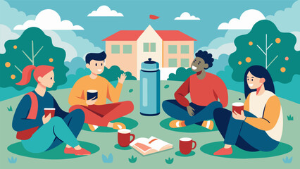 A group of students sit in a circle on campus passing around a thermos filled with hot yerba mate to stay energized during finals week.. Vector illustration
