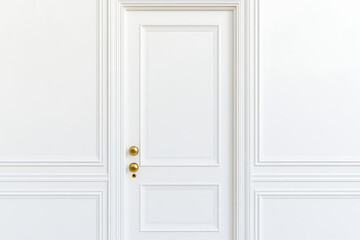 A pristine white paneled door with gold hardware stands against a wall with matching paneling, showcasing elegant architectural details.