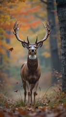 Deer Standing on Forest Floor Covered with Autumn Leaves

