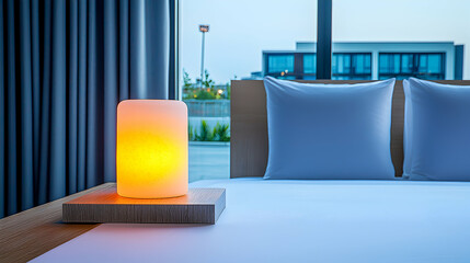 Warm Lit Salt Lamp on Modern Minimalist Nightstand in Serene Bedroom