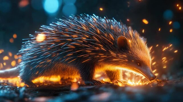 A porcupine walks through a burning field, with flames and smoke all around