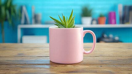 Pink Mug with Small Succulent on Wooden Desk
