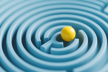 A vibrant yellow sphere navigates the intricate curves of a pale blue circular maze, symbolizing challenge, strategy, and problem-solving.