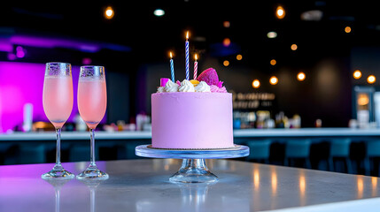 Pink Birthday Cake with Candles and Champagne Flutes on a Bar Table