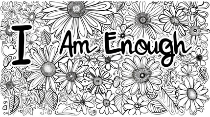 Affirmation coloring page that says "I Am Enough" surrounded by flowers and hearts.