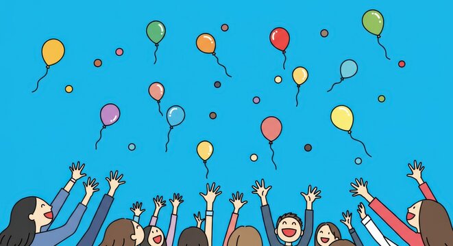 Joyful Celebration: People Letting Go of Colorful Balloons Against a Vibrant Blue Sky