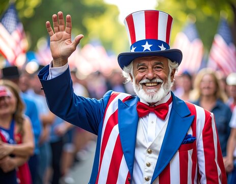 A smiling older man in a patriotic costume waves at a parade (1)