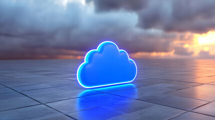 Blue Neon Cloud Symbol on Reflective Surface at Sunset