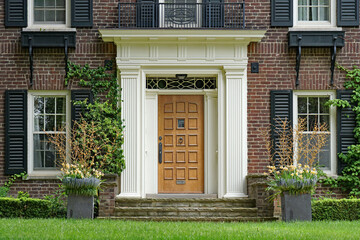 Elegant wood grain front door of traditional brick house with shutters around windows