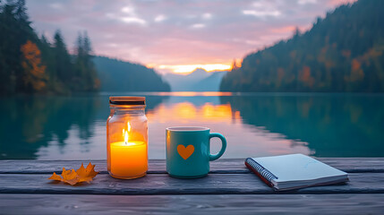 Serene Autumn Lake Sunset: Teal Mug and Candle on Wooden Dock