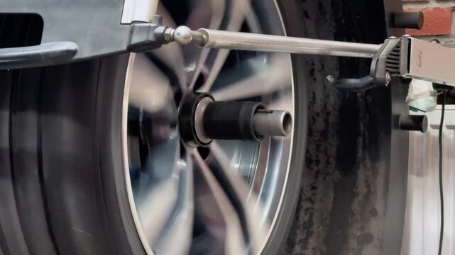 Auto mechanic uses tire balancing machine and turning tire. Mechanic balancing wheel with machine balancer at service. Tyre rotation at balance machine tire. Tire changer. 