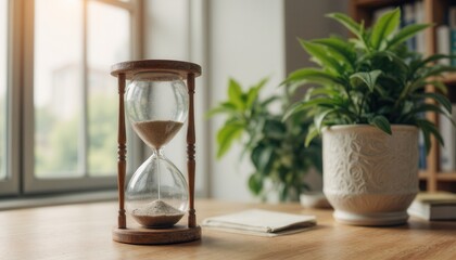 Hourglass on wooden table window plant