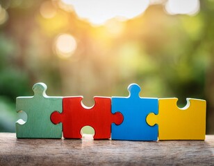 four colorful puzzle pieces connected wooden blurred outdoor background natural light