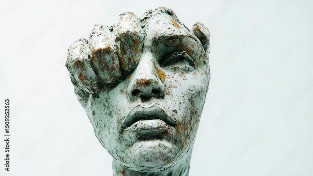 Poster close-up image of a statue depicting a person's face, suitable for use in editorial or commercial co