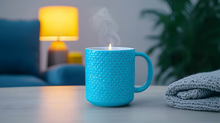 Teal Mug Candle with Steam on a Table