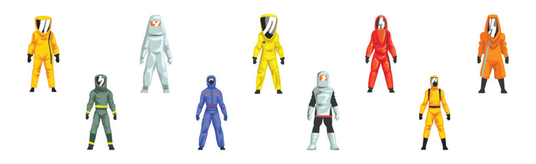 Protective Hazmat Suit of Employee of Disinfecting Services Vector Set
