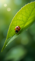 Fototapeta premium Ladybug on Green Leaf in Sunlight