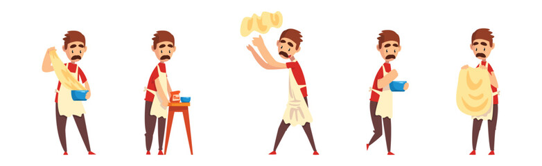 Mustached Man Pizza Maker Preparing Italian Pizza Vector Set