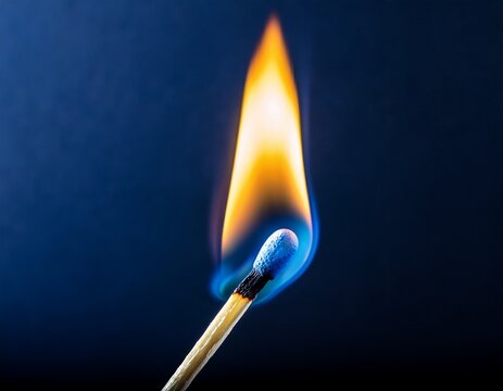 a single ignited matchstick but with an intense blue and white flame burning brightly against a dark navy background